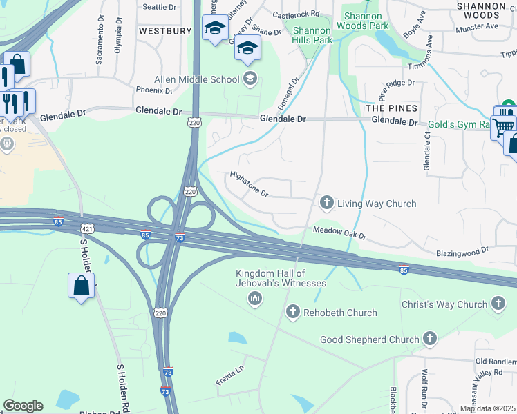 map of restaurants, bars, coffee shops, grocery stores, and more near 4321 Creekdale Drive in Greensboro