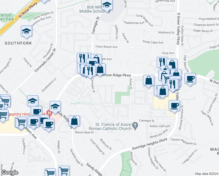 map of restaurants, bars, coffee shops, grocery stores, and more near 700 Carnegie Street in Henderson