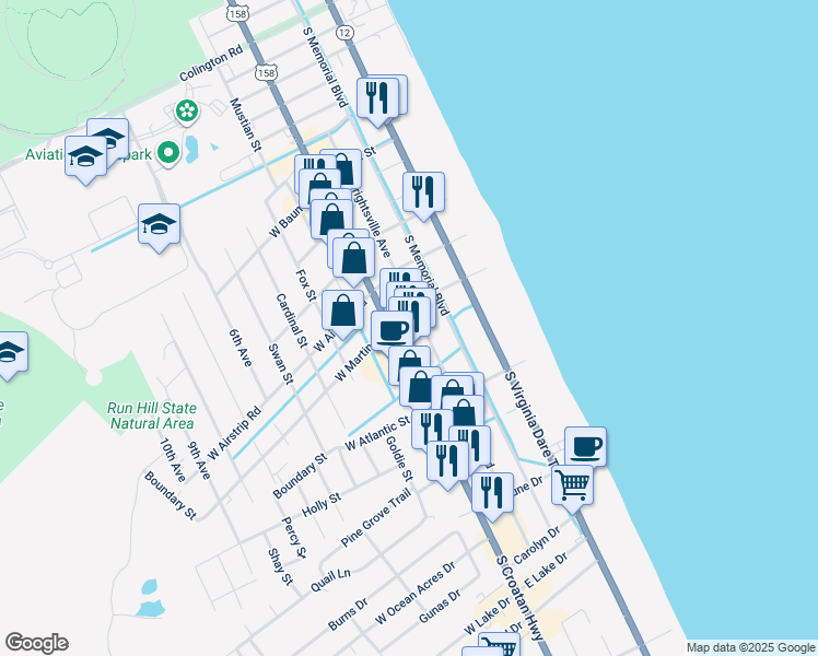 map of restaurants, bars, coffee shops, grocery stores, and more near 1200 Wrightsville Boulevard in Kill Devil Hills