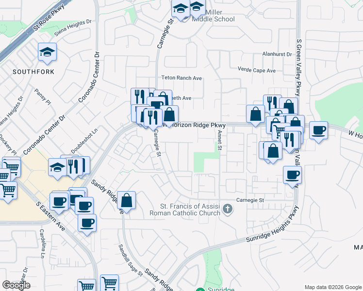 map of restaurants, bars, coffee shops, grocery stores, and more near 700 Carnegie Street in Henderson