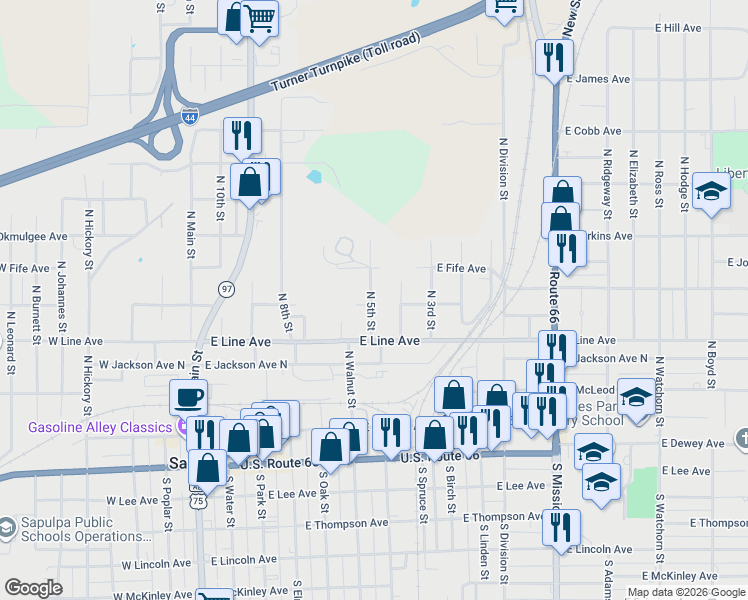 map of restaurants, bars, coffee shops, grocery stores, and more near 527 North 5th Street in Sapulpa