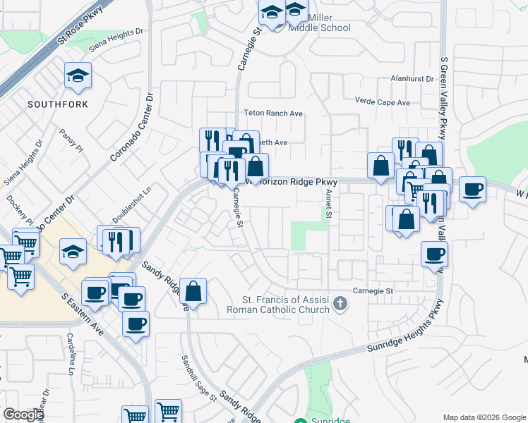 map of restaurants, bars, coffee shops, grocery stores, and more near 700 Carnegie Street in Henderson