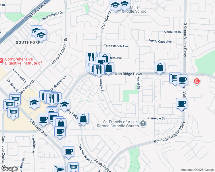 map of restaurants, bars, coffee shops, grocery stores, and more near 700 Carnegie Street in Henderson