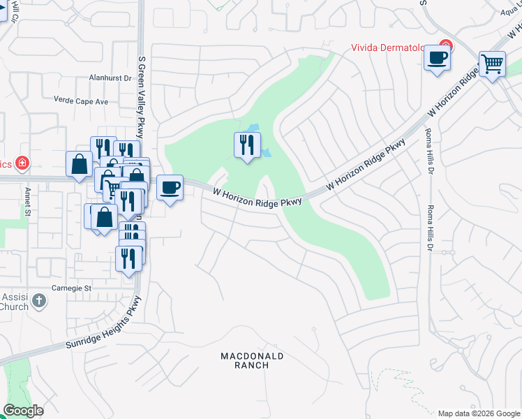 map of restaurants, bars, coffee shops, grocery stores, and more near 2160 Tiger Links Drive in Henderson