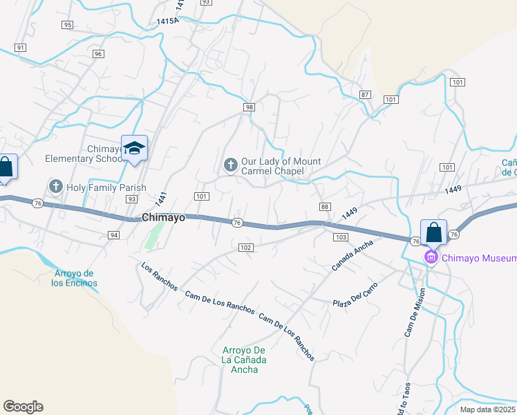 map of restaurants, bars, coffee shops, grocery stores, and more near 72 County Road 101 in Chimayo