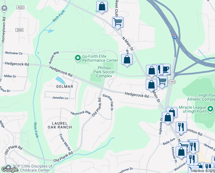 map of restaurants, bars, coffee shops, grocery stores, and more near 6105 Hedgecock Circle in High Point