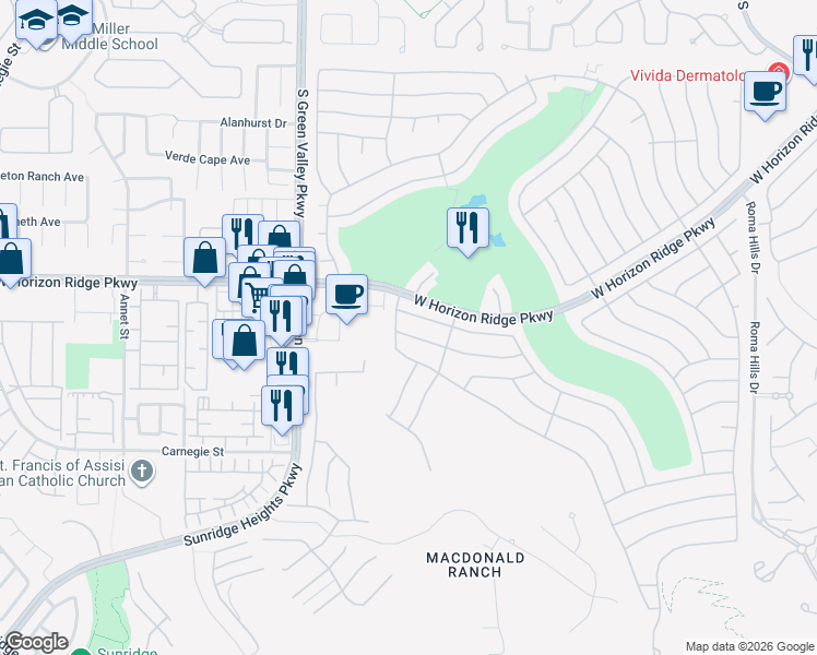 map of restaurants, bars, coffee shops, grocery stores, and more near 2200 Indigo Creek Avenue in Henderson