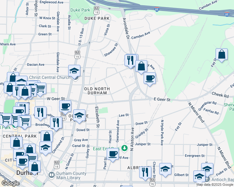 map of restaurants, bars, coffee shops, grocery stores, and more near 408 Edward Street in Durham