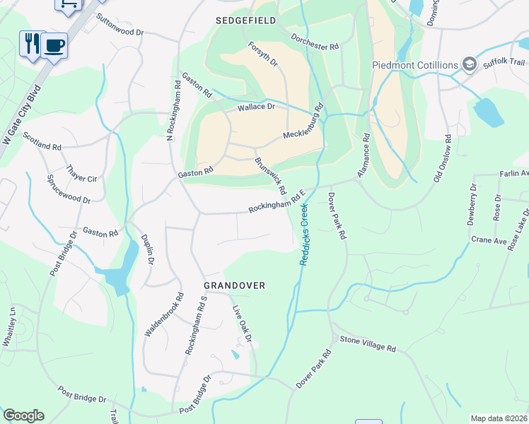 map of restaurants, bars, coffee shops, grocery stores, and more near 5505 East Rockingham Road in Greensboro