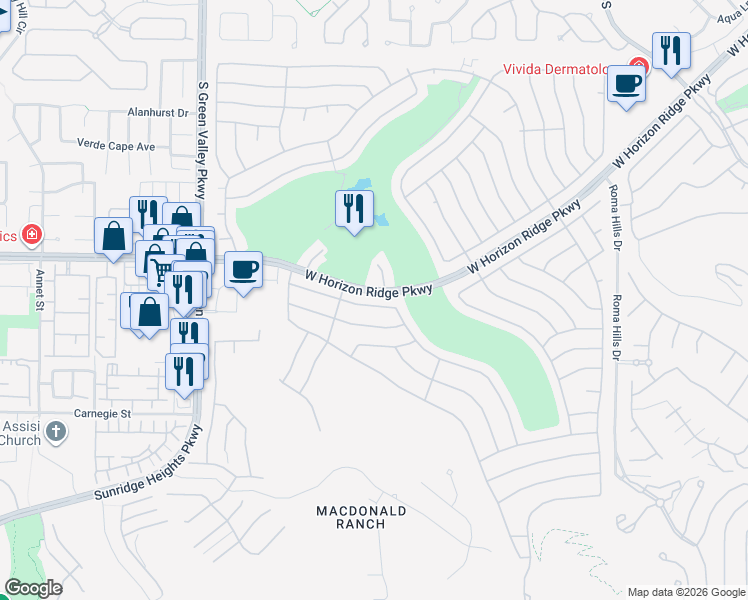 map of restaurants, bars, coffee shops, grocery stores, and more near 2160 Tiger Links Drive in Henderson