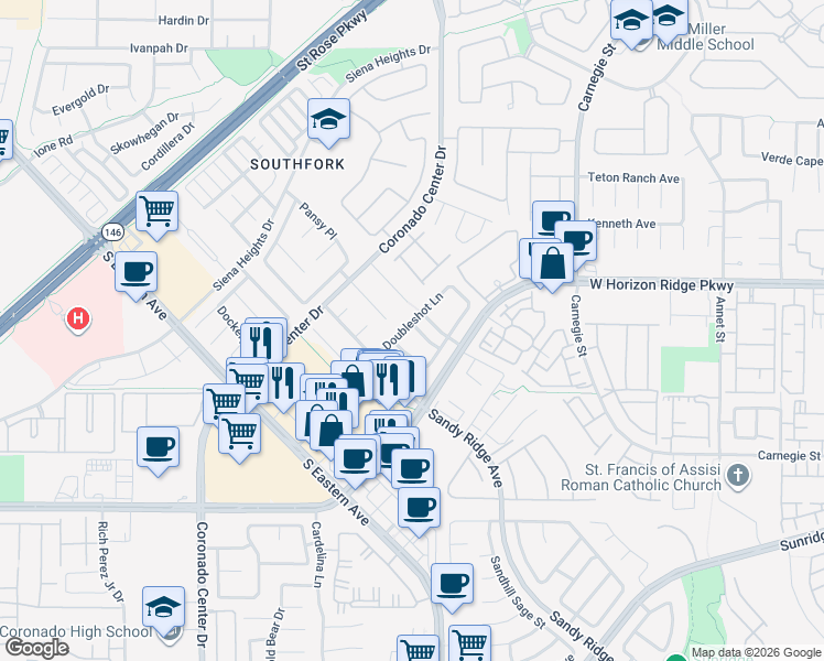 map of restaurants, bars, coffee shops, grocery stores, and more near 648 Doubleshot Lane in Henderson