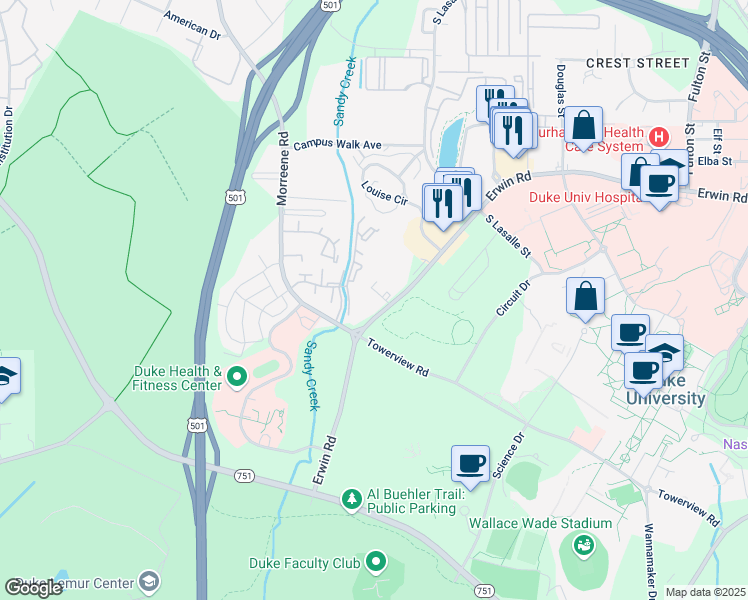 map of restaurants, bars, coffee shops, grocery stores, and more near 3100 Erwin Road in Durham