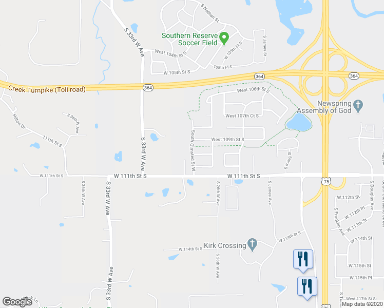 map of restaurants, bars, coffee shops, grocery stores, and more near 3915 West 110th Street South in Jenks