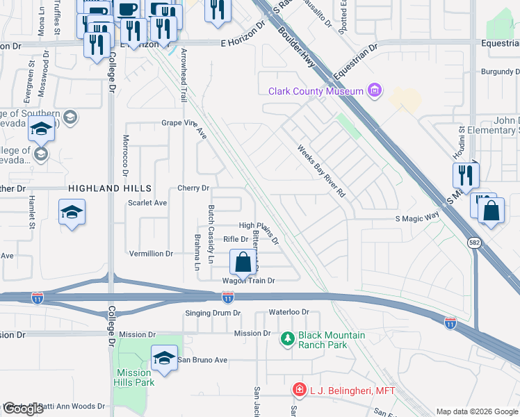map of restaurants, bars, coffee shops, grocery stores, and more near 813 Bitterroot Street in Henderson