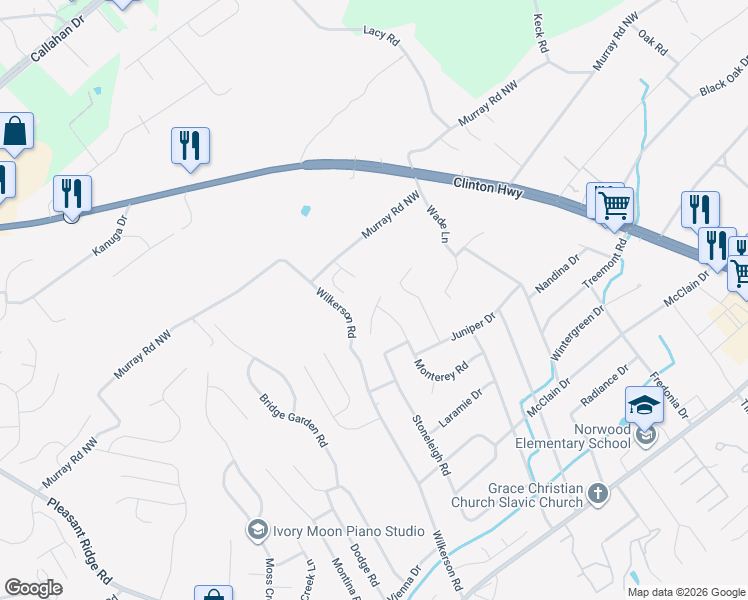 map of restaurants, bars, coffee shops, grocery stores, and more near 6029 Peppercorn Lane in Knoxville