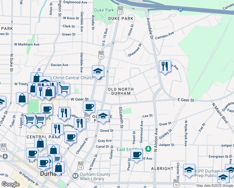map of restaurants, bars, coffee shops, grocery stores, and more near 1201 North Elizabeth Street in Durham