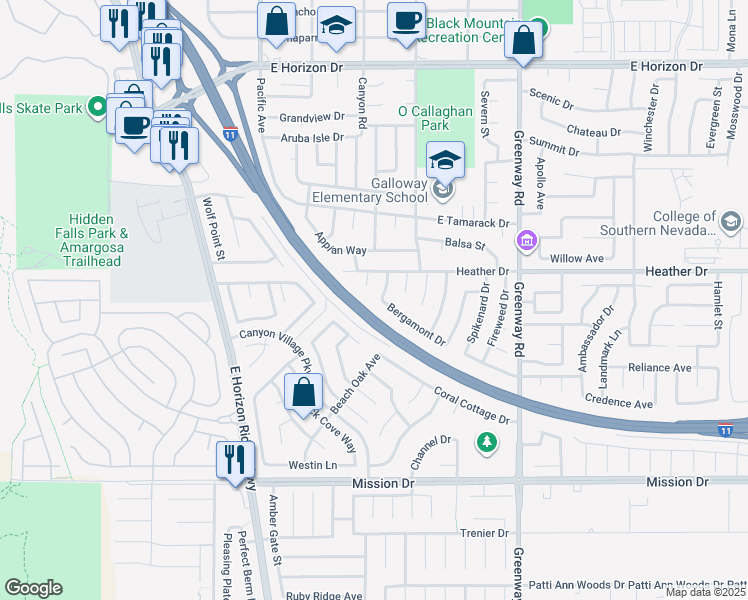 map of restaurants, bars, coffee shops, grocery stores, and more near 817 Bergamont Drive in Henderson