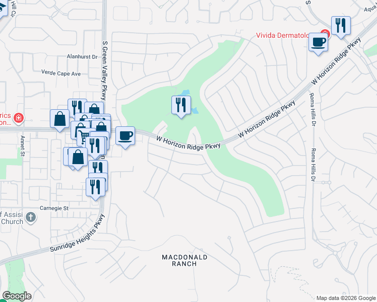 map of restaurants, bars, coffee shops, grocery stores, and more near 2158 Tiger Links Drive in Henderson
