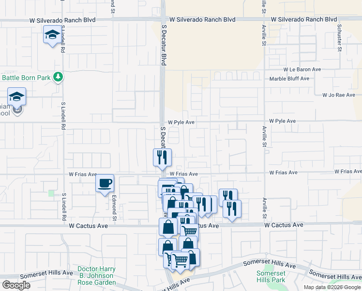 map of restaurants, bars, coffee shops, grocery stores, and more near 10270 South Decatur Boulevard in Las Vegas