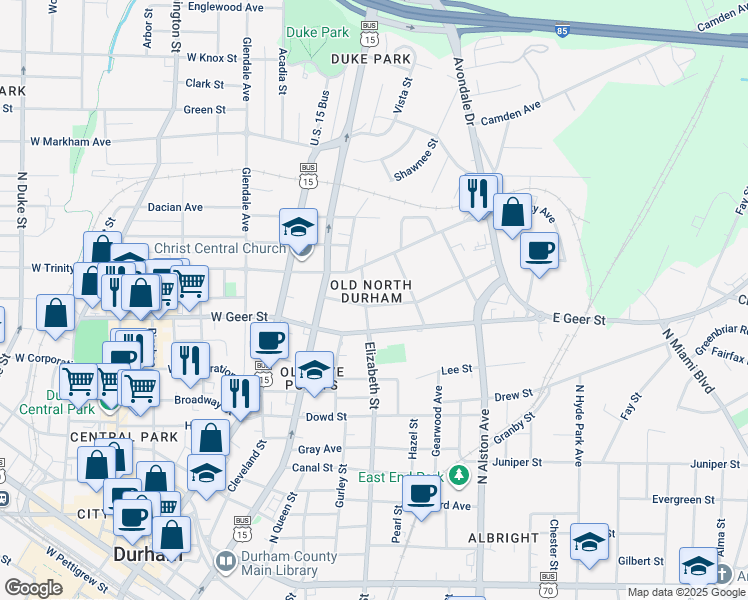 map of restaurants, bars, coffee shops, grocery stores, and more near in Durham