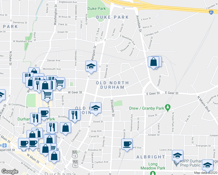 map of restaurants, bars, coffee shops, grocery stores, and more near in Durham