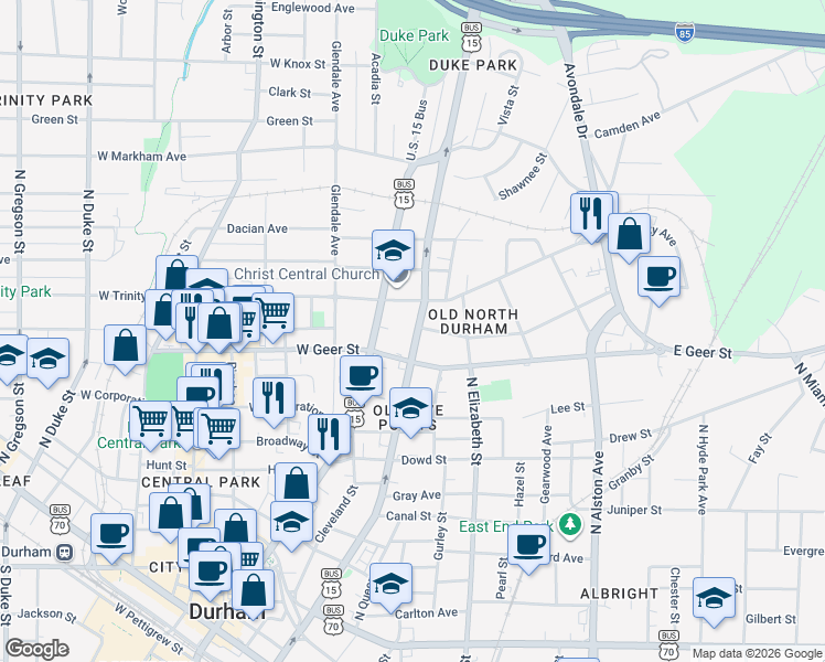 map of restaurants, bars, coffee shops, grocery stores, and more near 1216 North Roxboro Street in Durham