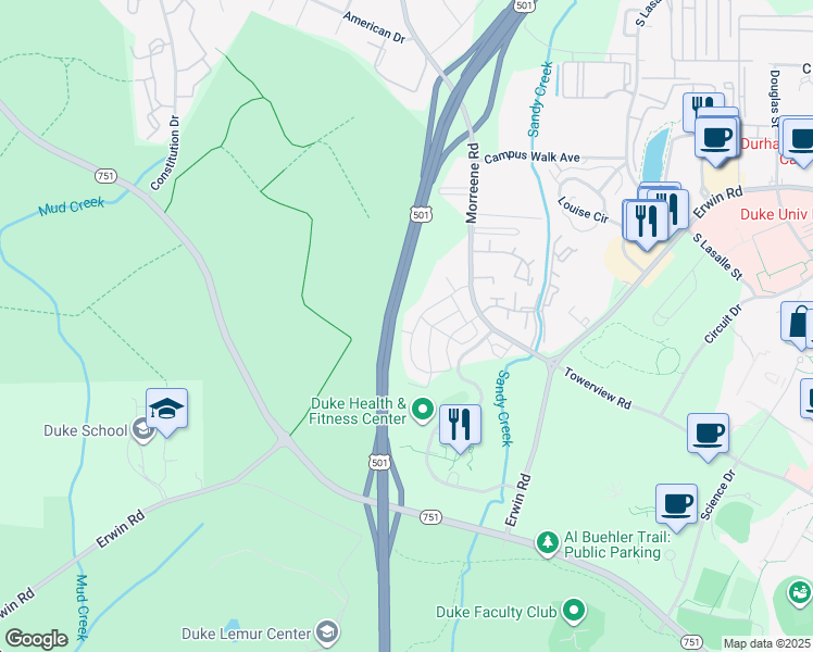 map of restaurants, bars, coffee shops, grocery stores, and more near 3412 Glasson Street in Durham