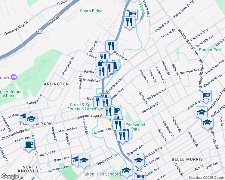 map of restaurants, bars, coffee shops, grocery stores, and more near 1703 Fairmont Boulevard in Knoxville