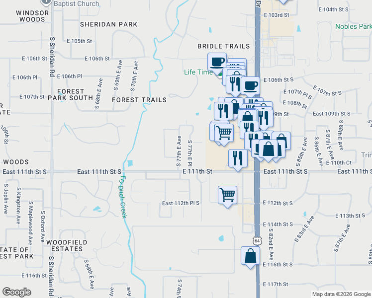 map of restaurants, bars, coffee shops, grocery stores, and more near 10931 South 77th East Place in Tulsa