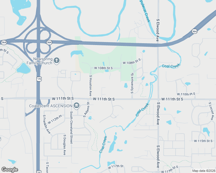 map of restaurants, bars, coffee shops, grocery stores, and more near 2413 West 109th Street South in Jenks