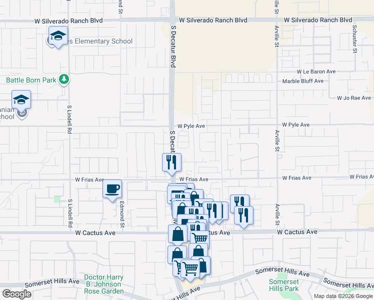 map of restaurants, bars, coffee shops, grocery stores, and more near 10270 South Decatur Boulevard in Las Vegas