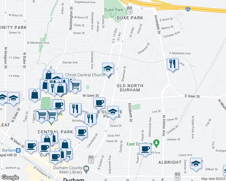 map of restaurants, bars, coffee shops, grocery stores, and more near 1216 North Roxboro Street in Durham