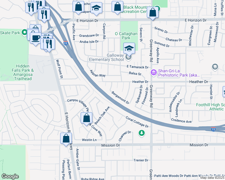 map of restaurants, bars, coffee shops, grocery stores, and more near 817 Bergamont Drive in Henderson