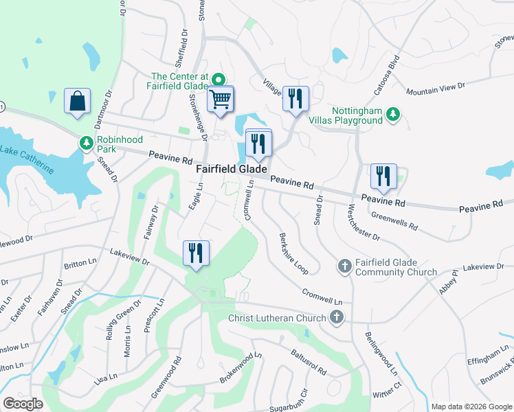 map of restaurants, bars, coffee shops, grocery stores, and more near 112 Berkshire Loop in Crossville