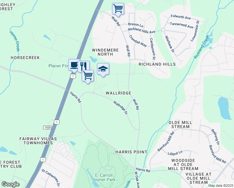 map of restaurants, bars, coffee shops, grocery stores, and more near 709 Comphrey Court in Wake Forest