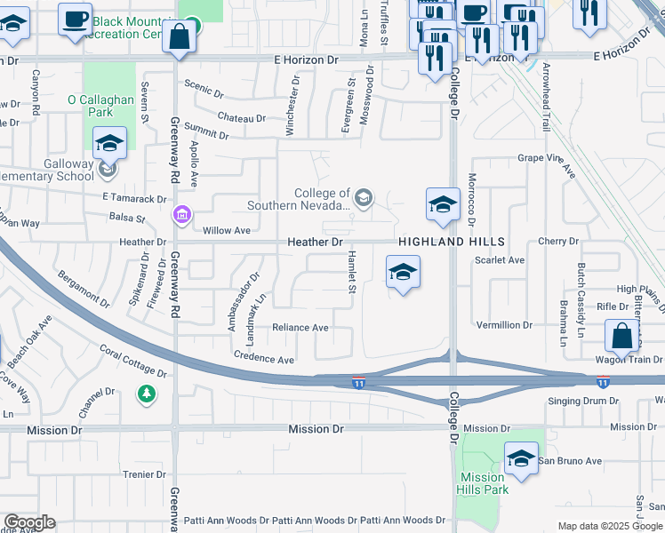 map of restaurants, bars, coffee shops, grocery stores, and more near 554 Brigadier Street in Henderson