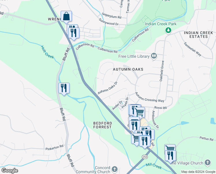 map of restaurants, bars, coffee shops, grocery stores, and more near 6733 Autumn Oaks Drive in Brentwood