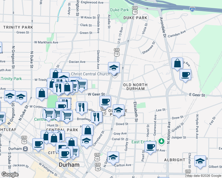 map of restaurants, bars, coffee shops, grocery stores, and more near 910 North Mangum Street in Durham