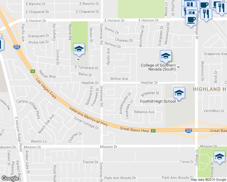 map of restaurants, bars, coffee shops, grocery stores, and more near 412 Peregrine Ave in Henderson