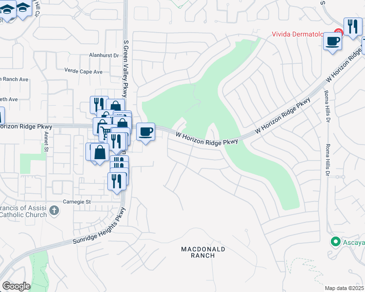map of restaurants, bars, coffee shops, grocery stores, and more near 2189 Tiger Links Drive in Henderson