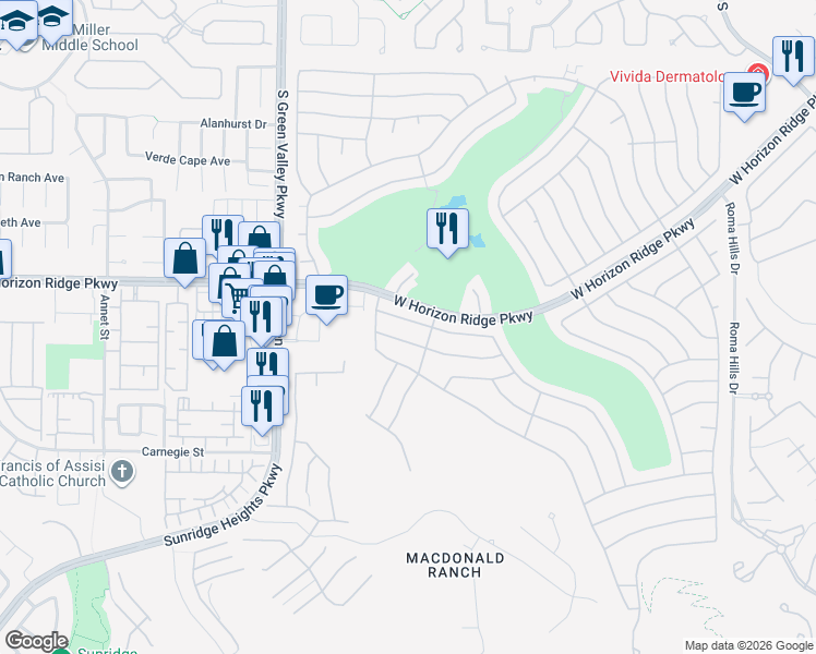 map of restaurants, bars, coffee shops, grocery stores, and more near 2189 Tiger Links Drive in Henderson