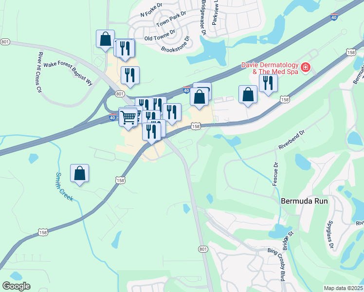 map of restaurants, bars, coffee shops, grocery stores, and more near 129 North Carolina 801 in Bermuda Run