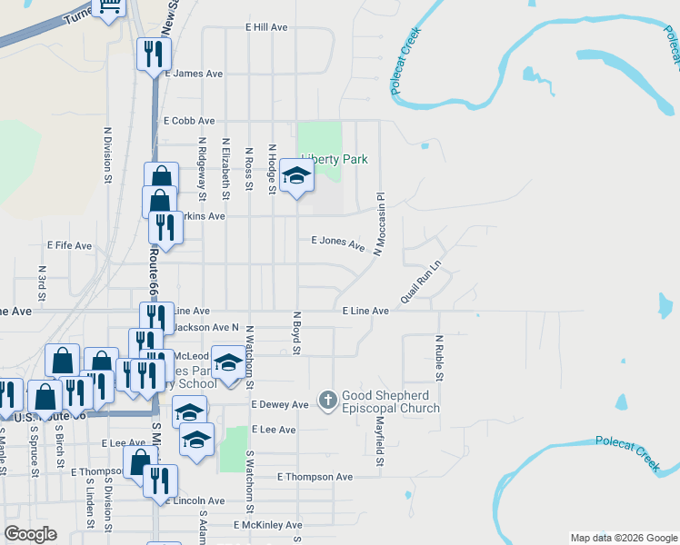 map of restaurants, bars, coffee shops, grocery stores, and more near 1448 E Denton Ave in Sapulpa