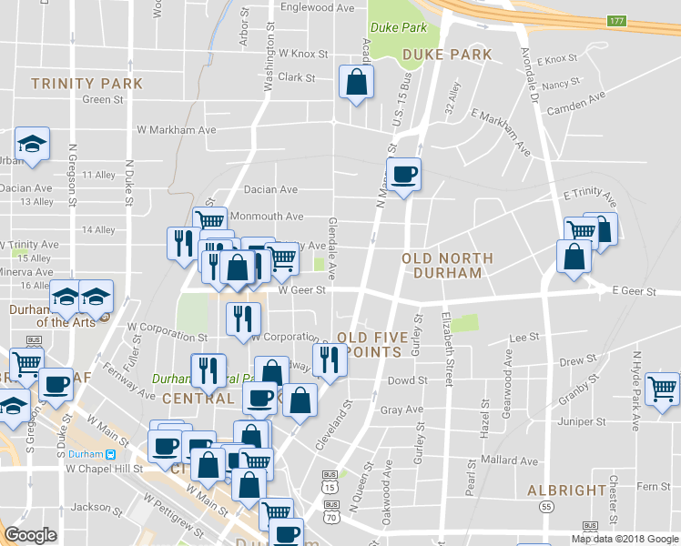 map of restaurants, bars, coffee shops, grocery stores, and more near 908 Glendale Avenue in Durham