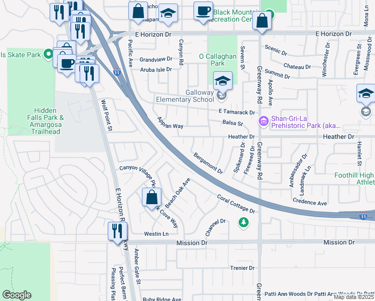 map of restaurants, bars, coffee shops, grocery stores, and more near 817 Bergamont Drive in Henderson