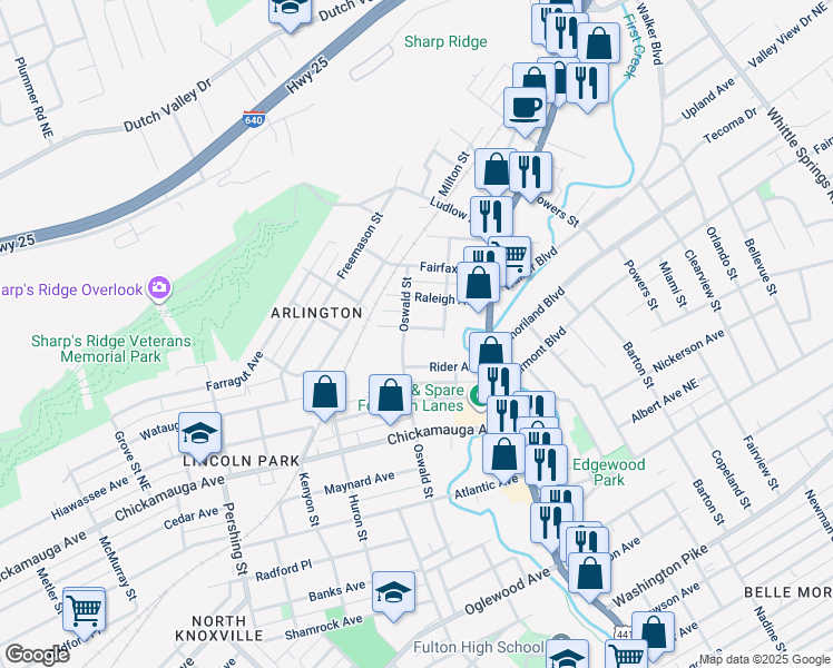 map of restaurants, bars, coffee shops, grocery stores, and more near 1108 Colonial Avenue Northeast in Knoxville