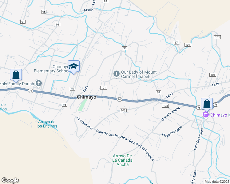 map of restaurants, bars, coffee shops, grocery stores, and more near 750 New Mexico 76 in Chimayo