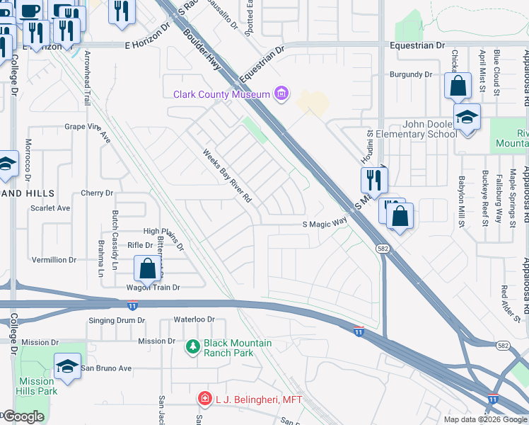 map of restaurants, bars, coffee shops, grocery stores, and more near 655 Pinetop Lake Street in Henderson