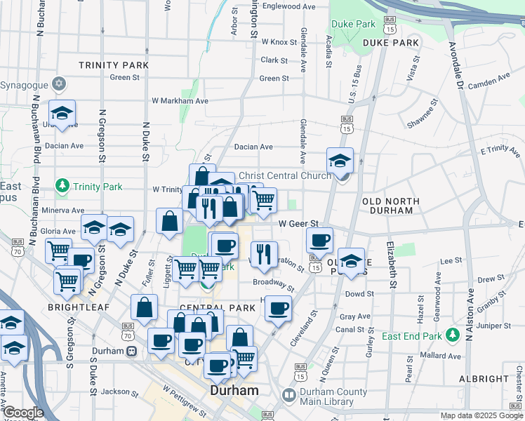 map of restaurants, bars, coffee shops, grocery stores, and more near 1001 North Street in Durham