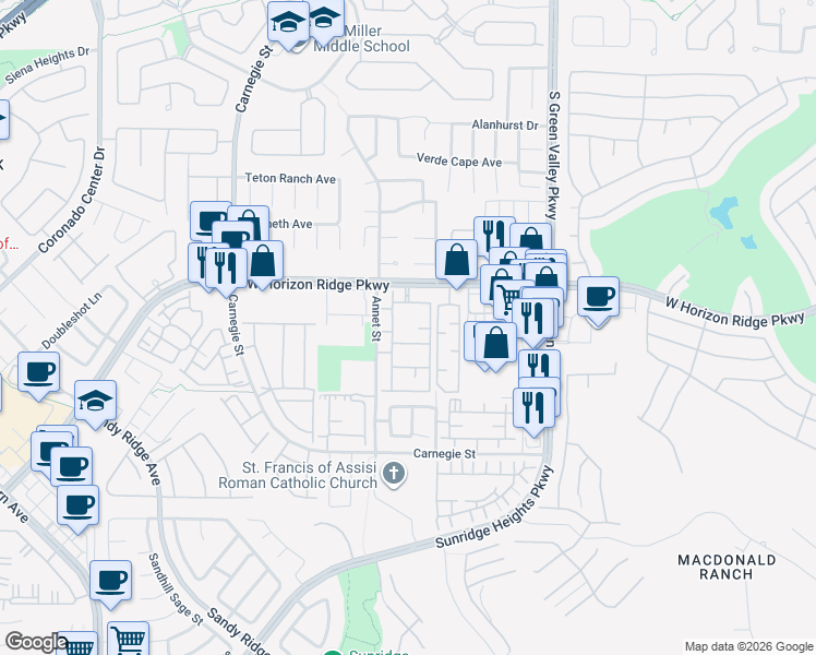 map of restaurants, bars, coffee shops, grocery stores, and more near 2305 West Horizon Ridge Parkway in Henderson